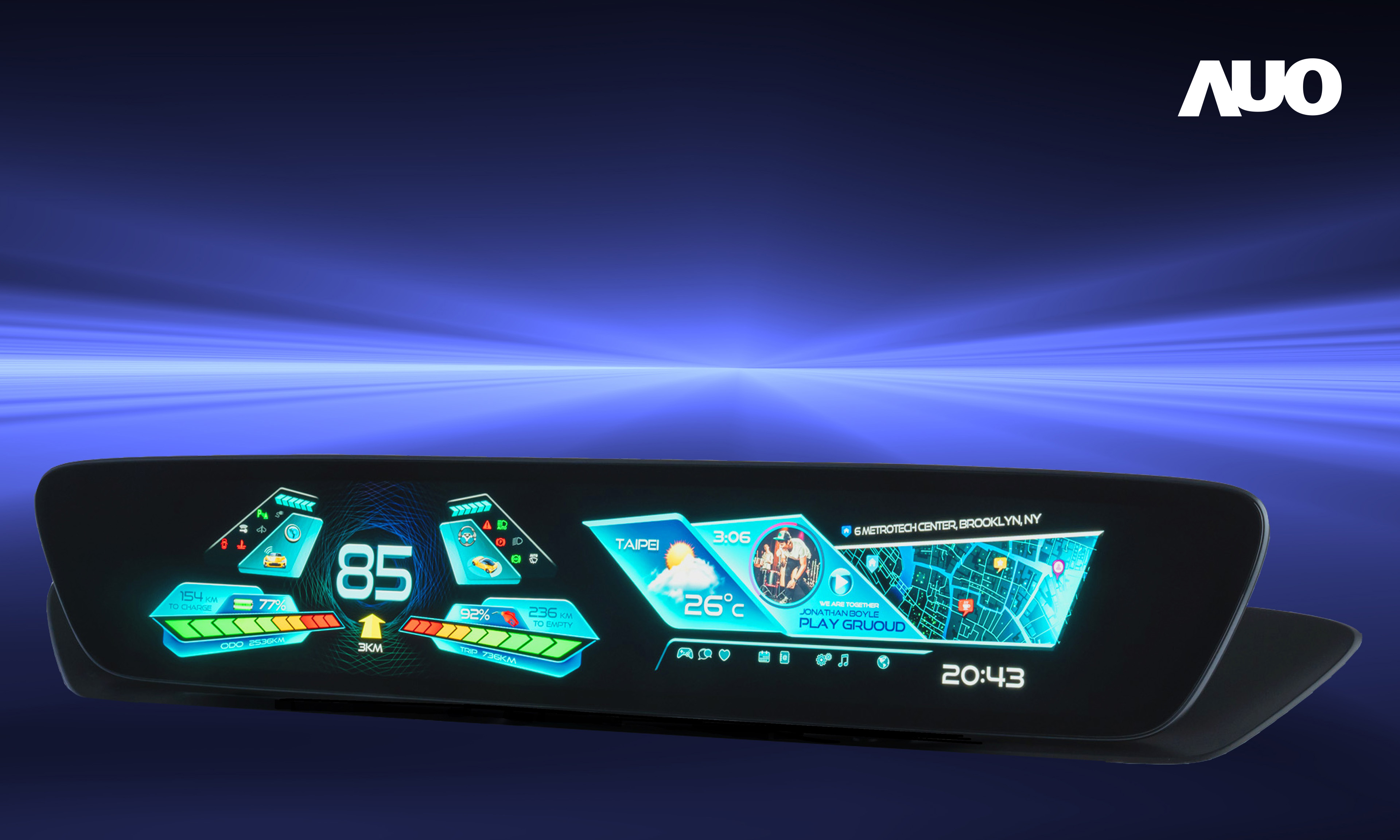 友達30.4吋異形曲面AmLED車載顯示系統，為一兼具儀表板及中控台人機介面的創新車載顯示系統，結合美學設計，提升車內科技沉浸感及使用體驗，讓車載顯示的未來應用更加多元化